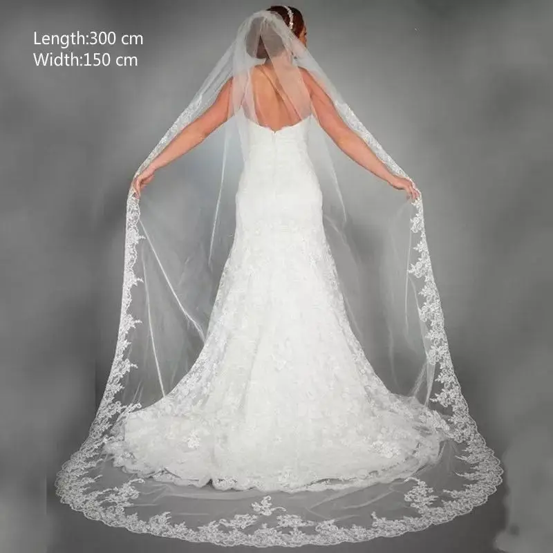 

White Elegant Wedding Accessories Appliques Tulle Long Cathedral Wedding Veils Lace Edge Bridal Veil 3 Meters Veu De Noiva Longo
