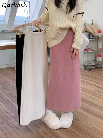 Corduroy Midi Skirts Women Casual Solid Elegant Harajuku Lovely Females College Warm A-line Elastic High Waist Korean Fashion