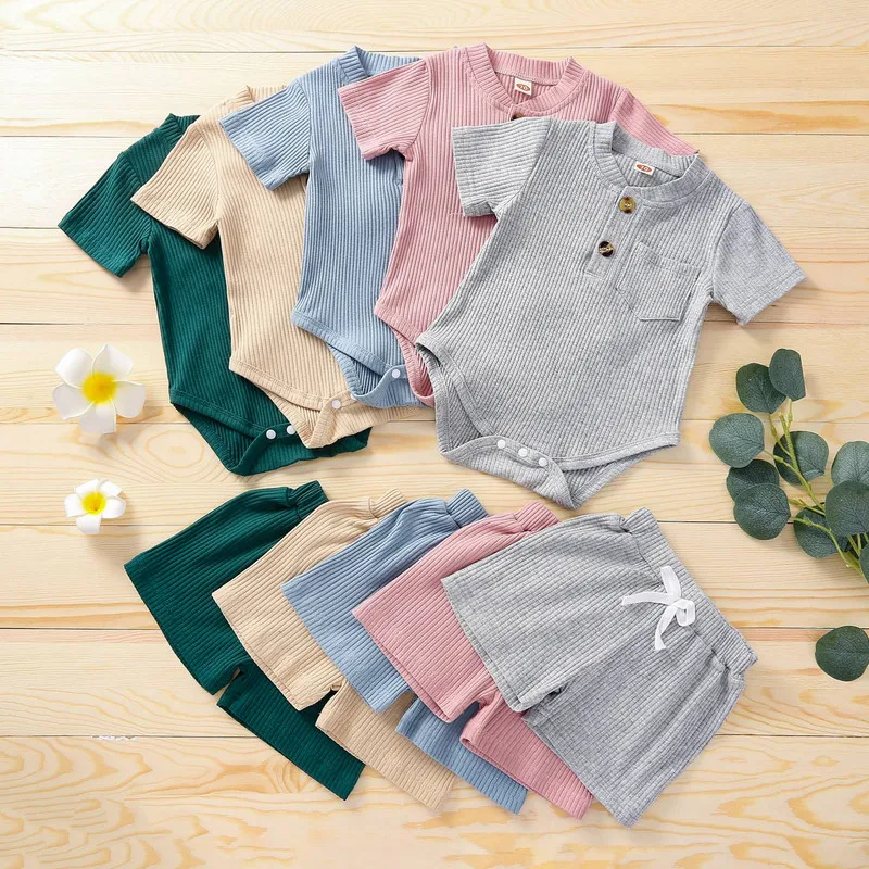 

2Pcs Unisex Baby Summer Clothes Outfits Newborn Solid Color Short Sleeves Bodysuit Elastic Waist Short for Toddlers, 0-18 Months