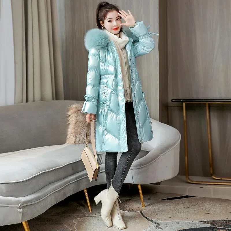 Parkas Women 2022 Winter New Fashion Shiny Wash-free Padded Coat Female Casual Thick Long Hooded Fur collar Down Cotton Jacket