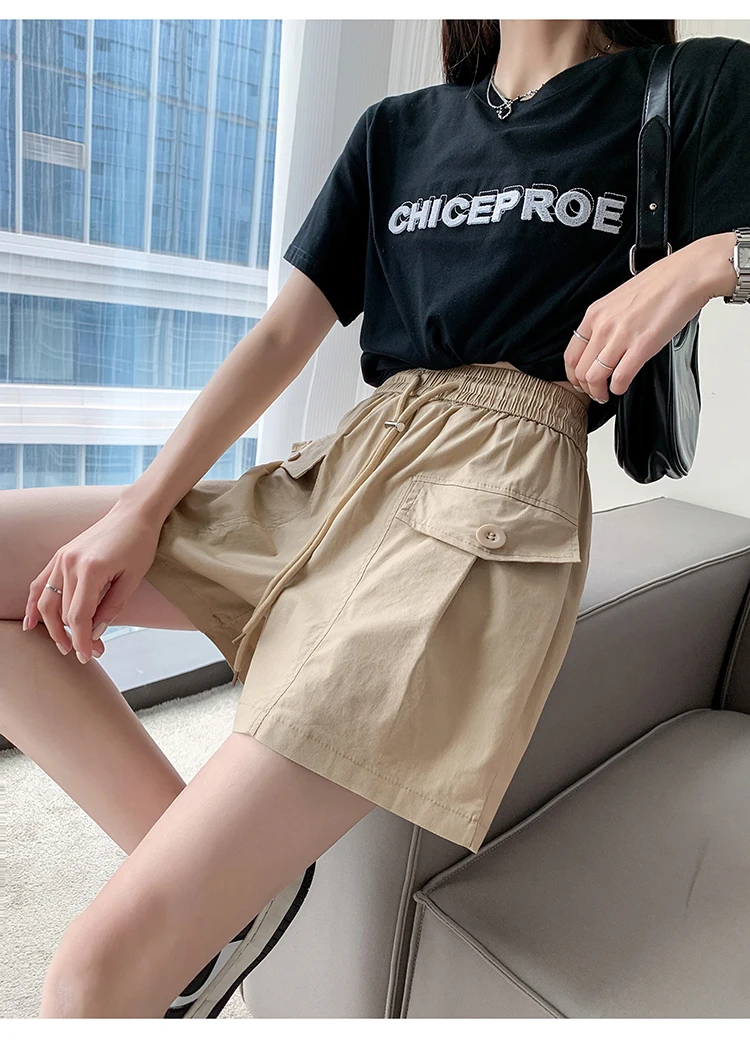 Шорты женские с эластичным поясом тонкие широкие свободные бриджи кулиской