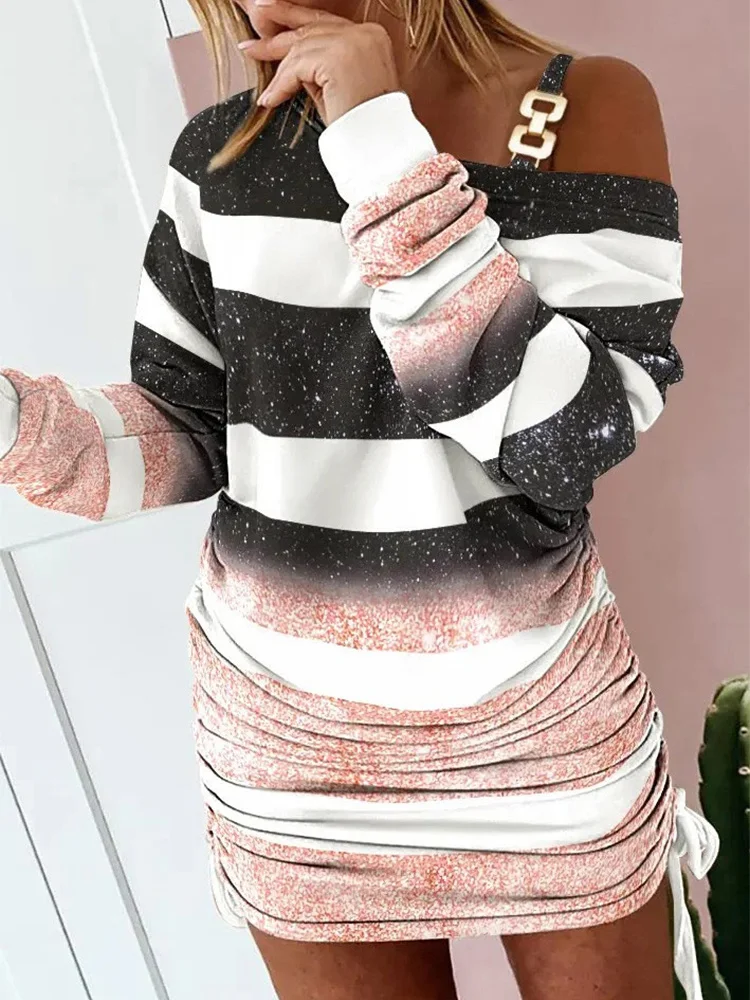 

Glitter Dress for Women 2022 Fashion One Side Metal Chain Cold Shoulder Drawstring Bodycon Short Dresses Strip Long Sleeve Dress