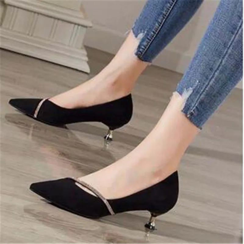 

One Word Oblique Strap New Low-heeled Shoes Women's All-match Small Fresh Rhinestone Pointed Shoes Zapatos De Mujer Pumps