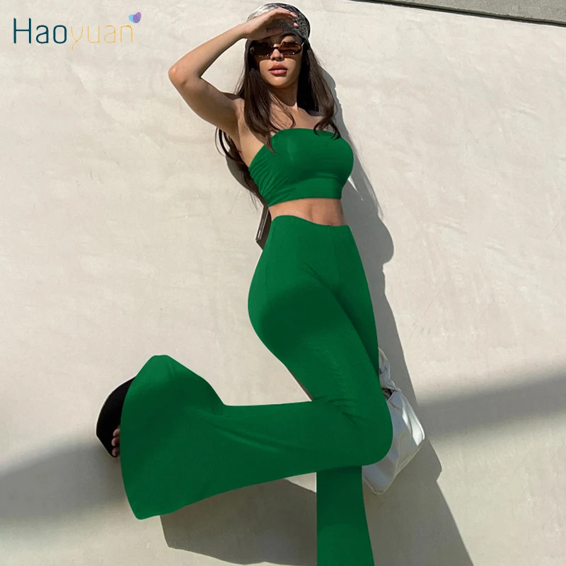 

HAOYUAN Sexy Two Piece Set Strapless Crop Top Flare Pants Club Outfits for Women Backless Streetwear Night Party Matching Sets