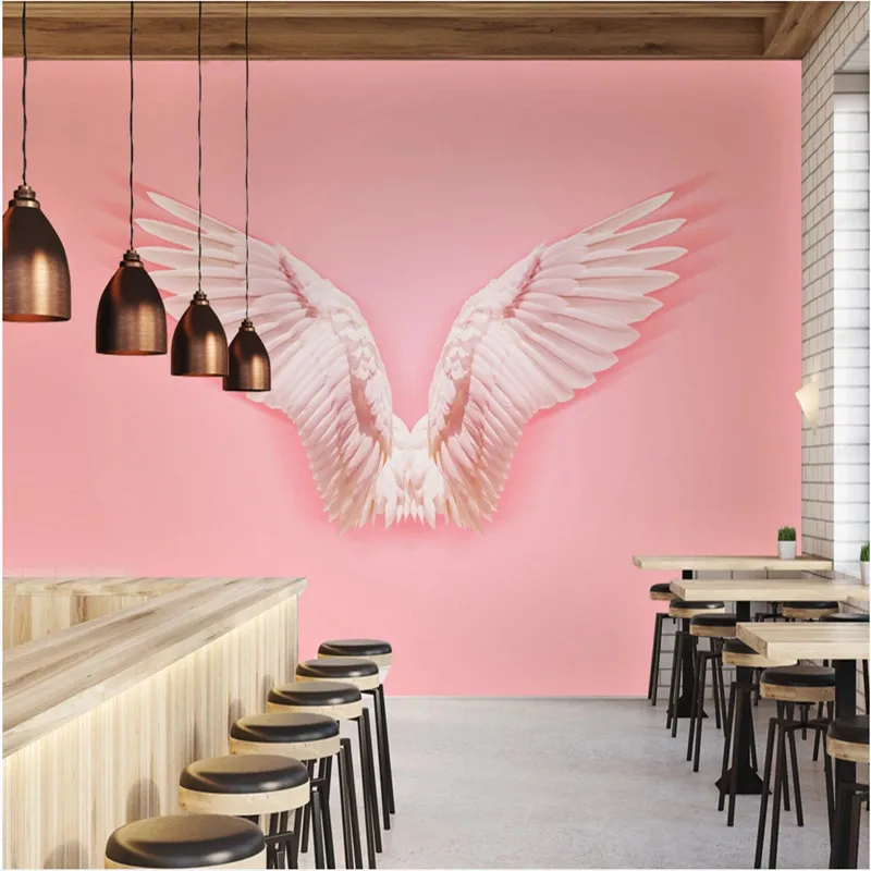 Ins Network Hot Search Pink Angel Wings Wall Paper 3D on-air Studio Online Hot Online Search Shop Background Mural Wallpaper 3D