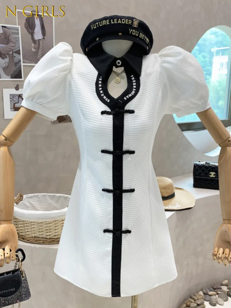 

Vintage Turn-down Collar Short Sleeve Elegant Dress Women Summer 2022 New Bubble Sleeved Casual Retro Feminine Thin Dress