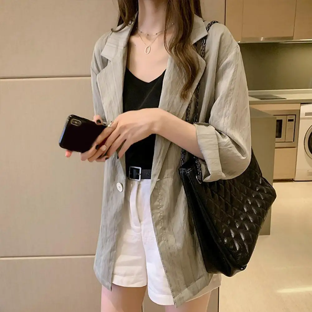 

Female Suit Coat Striped Print Lapel Chic Women's Long Sleeve Suit Coat with Flap Pockets Single Button Closure Loose Fit