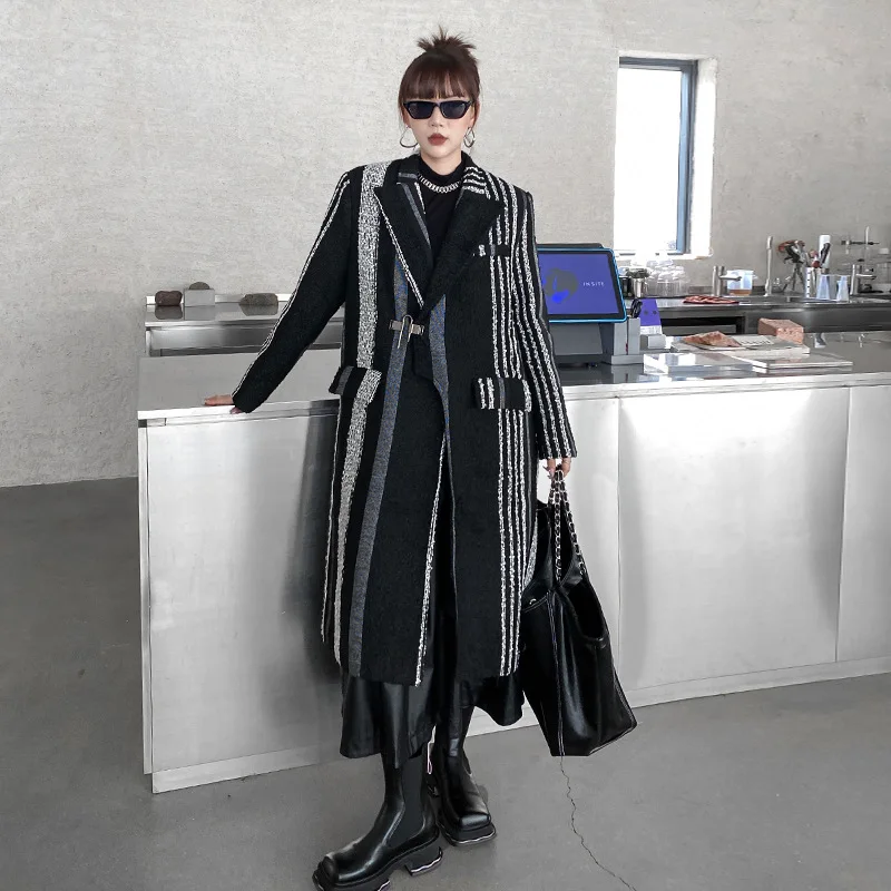 

European Style Vertical Stripe Woolen Coat for Women Winter Loose Cotton Padded Thickened Suit Collar Long Jacket Overcoat 2236