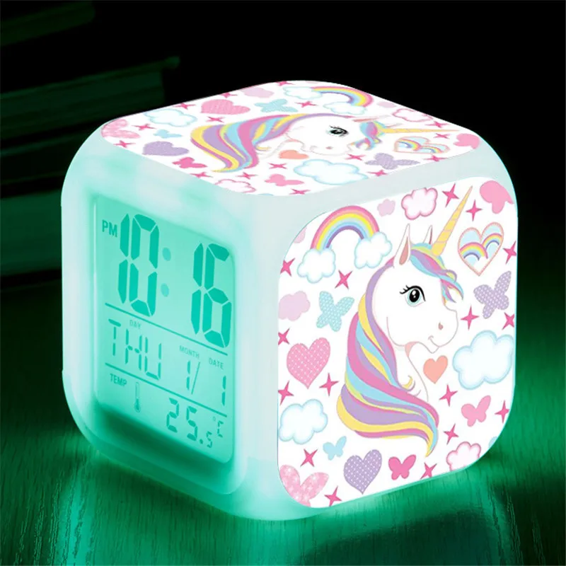 

Children's Unicorn Alarm Clock Cartoon 7 Led Night Light Desk Clocks Date Temperature despertador Unicornio Kids Birthday Gifts