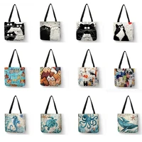 cat print women tote bags designer linen reusable shopping bag customize oil painting shoulder bags for lady girl shopper bolsos