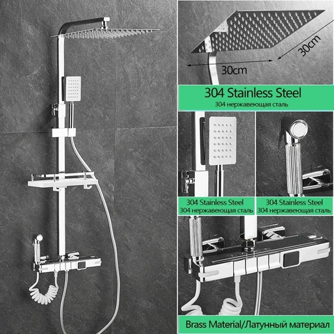 Латунный смеситель для душа с термостатом, Душевая система, распылительная головка 30 см, цифровой дисплей детской модели, смеситель для ванной комнаты, черный/хром
