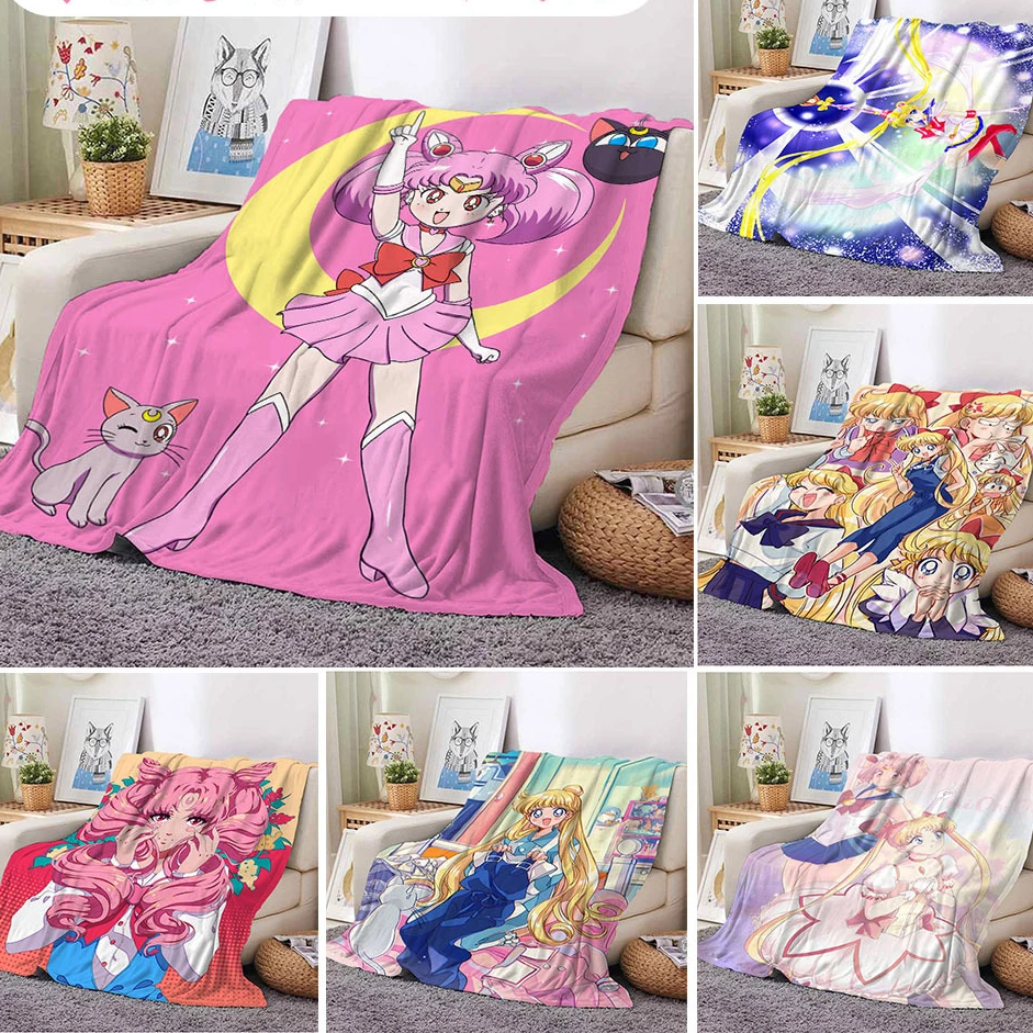 

2022 New Anime Sailor Tsukino Usagi Girl kawaii Figure Model toys Plush Cartoon flannel blanket warm nap blanket christmas gifts