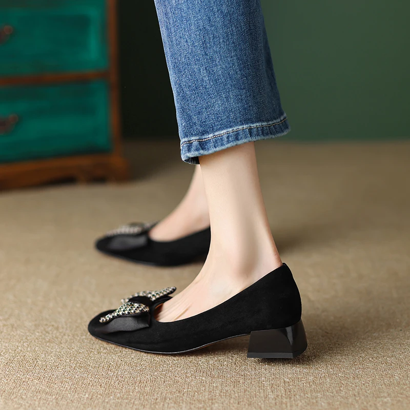 Spring and Autumn Sheepskin Women's Shoes Square Toe Frosted Bow Knot Medium Heel Flower Thick Heels Women's Shoes