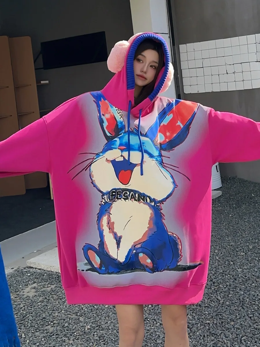 Длинный свитер с капюшоном большого размера рисунком кролика женские топы