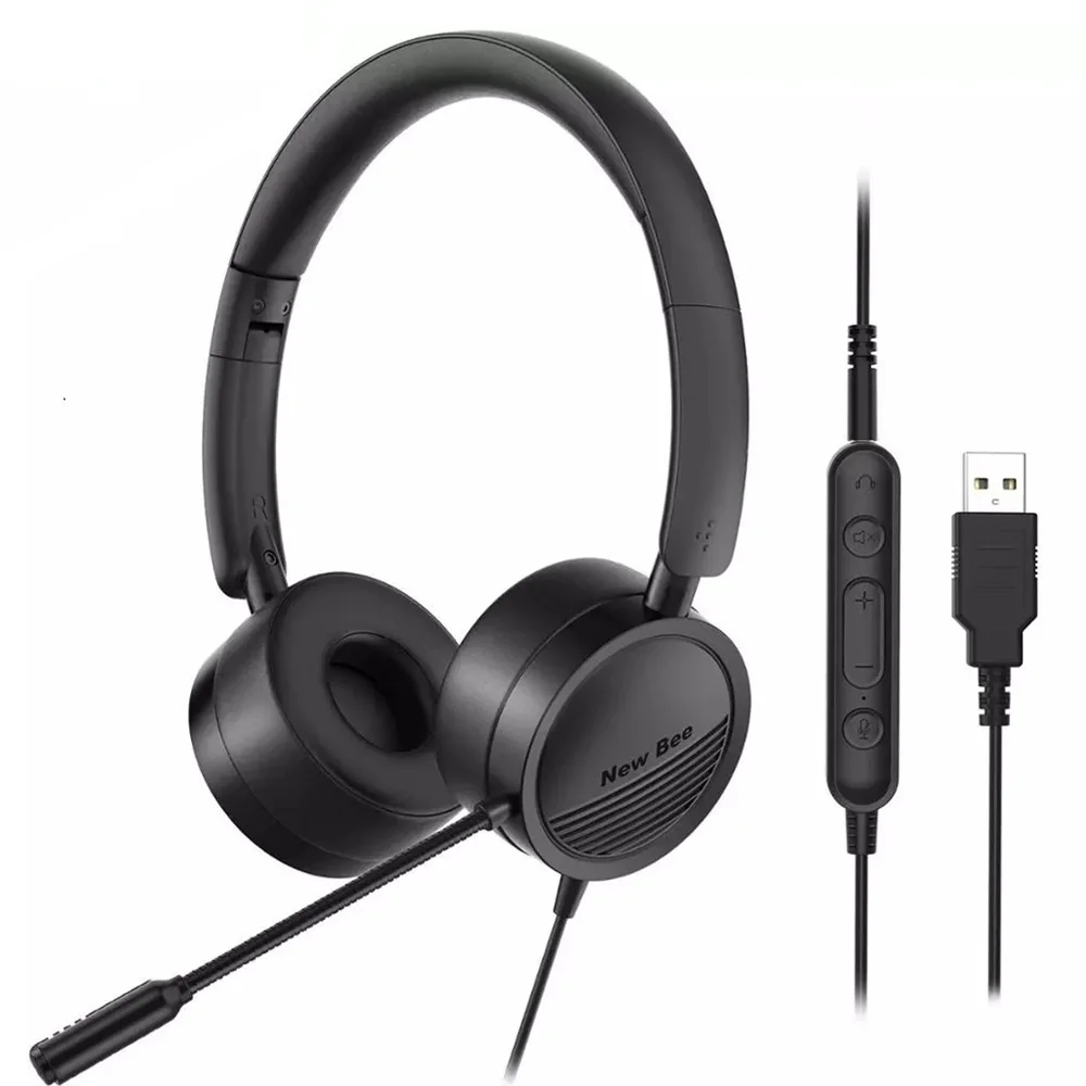 

New Bee H360 3.5mm/USB Wired Telephone Headset Call Center Earphone with Mic On Ear Computer Headphone Volume Control Headset