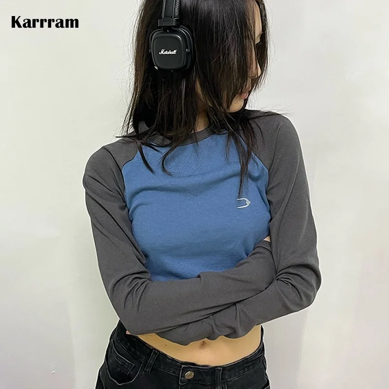 

Karrram Grunge Patchwork T-shirt 90s Vintage Embroidery Tshirt Japanese Harajuku Slim Long Sleeve Tee Shirt Korean Streetwear