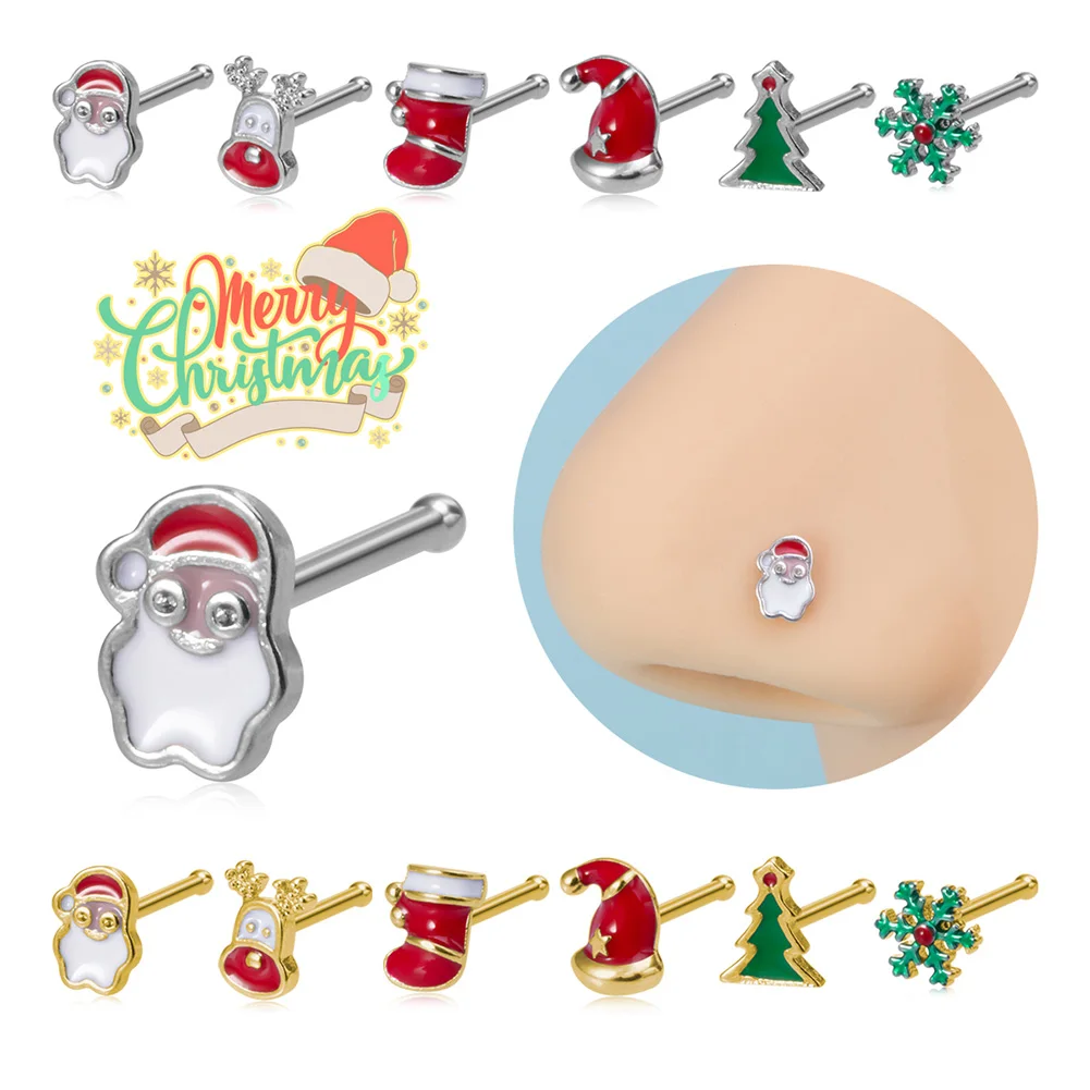 

1pc Santa Claus Tree Snowflake Hat Shoe Deer Nostril Nose Piercing Jewelry Christmas Gift 20G Surgical Steel Bone Nose Ring Stud