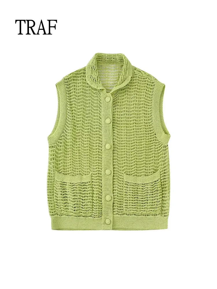 

Женский вязаный жилет TRAF 2022, модный текстурированный трикотажный винтажный однобортный свободный свитер, жилет, Женский Топ, шикарный