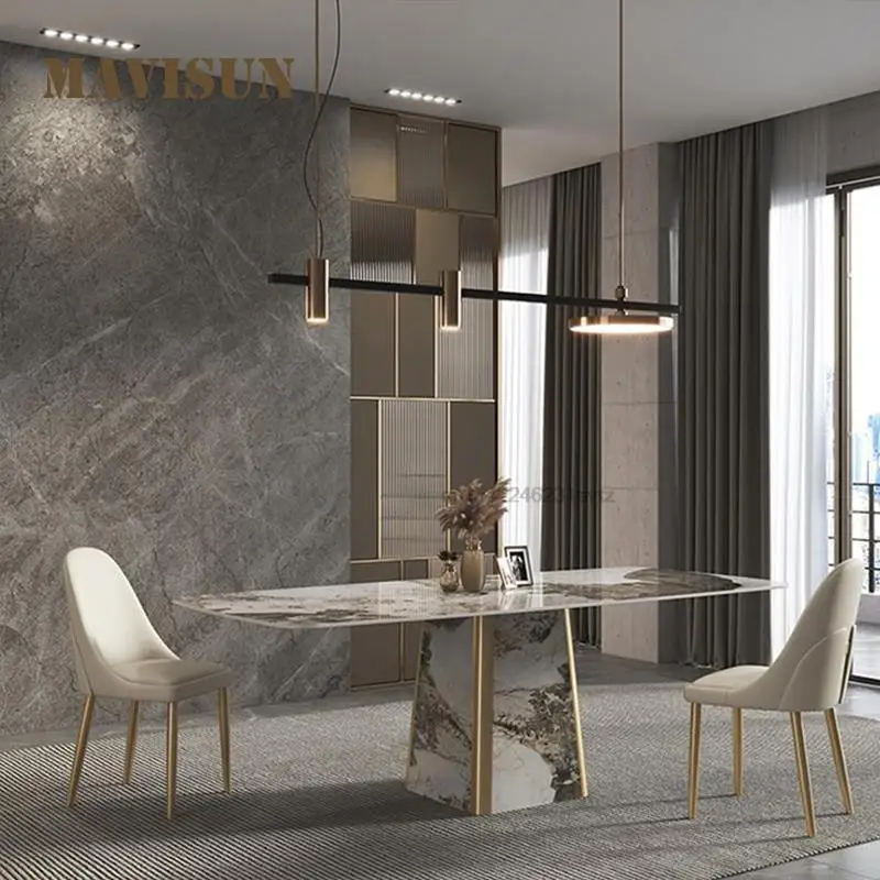 

White Rock Slab Dining Table Luxury Stone Light Luxury Modern Minimalist High-end Italian Postmodern Designer Art Model Room