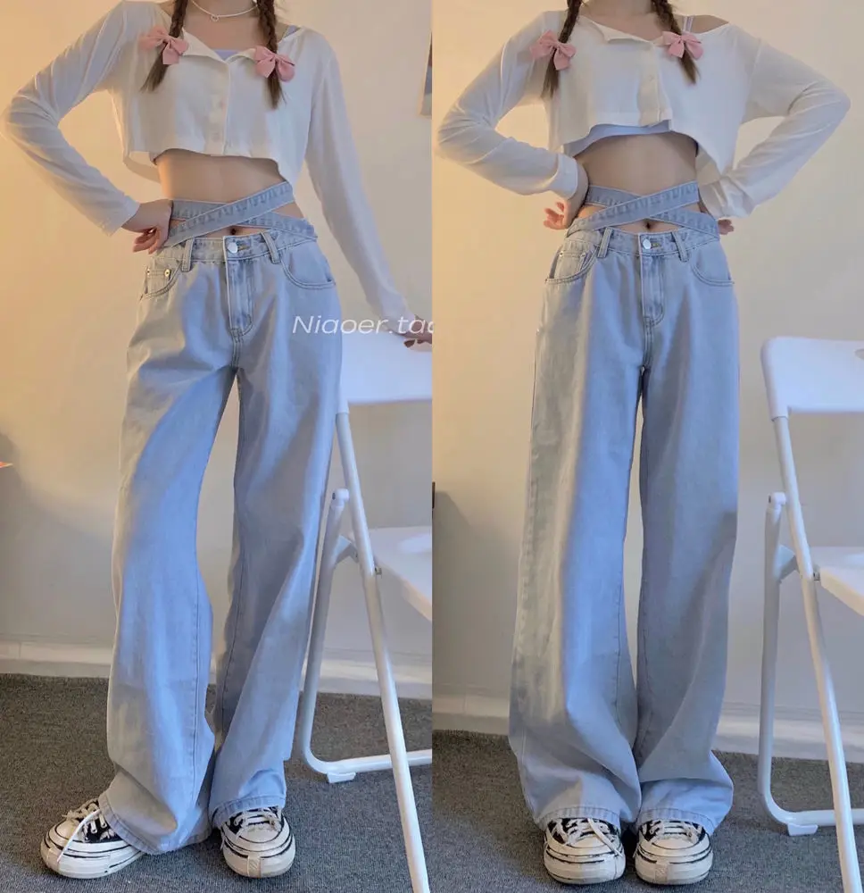

Streetwear Women's Pants Boyfriend Wide Leg Jeans Mom Denim Mujer Baggy Jeans High Waist 2021 Summer Large Size Lace-up Bow Tie