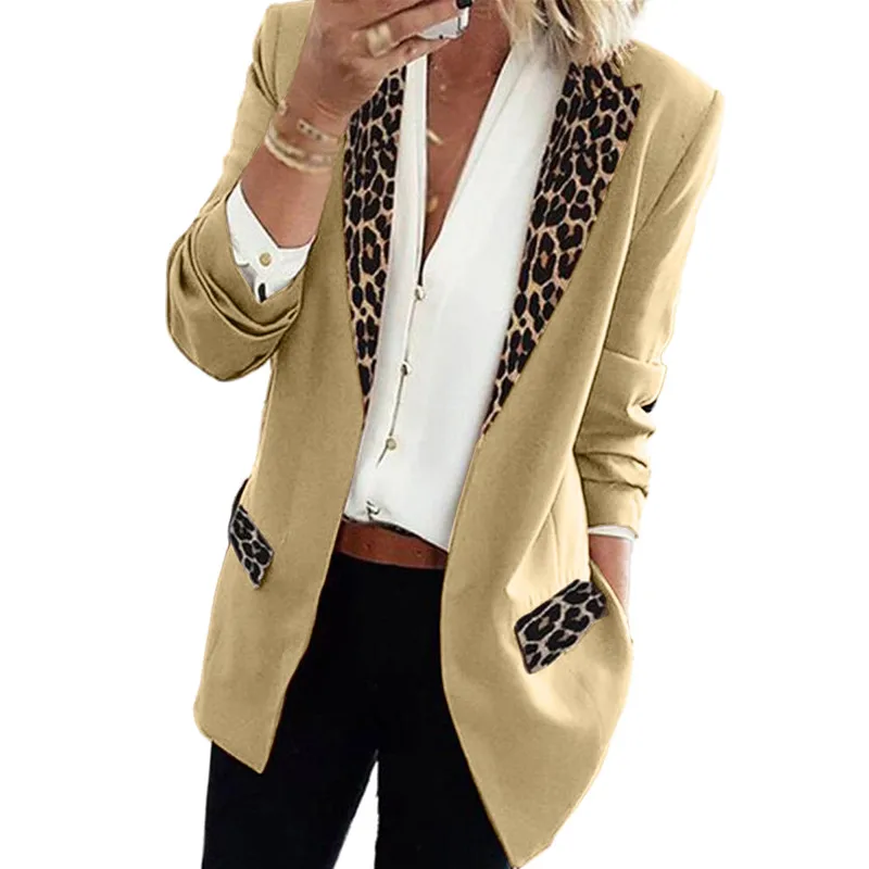 

Spring Women's Blazer British Casual Splice Leopard-print Long Sleeve Suit Jacket Loose Coats Outwear
