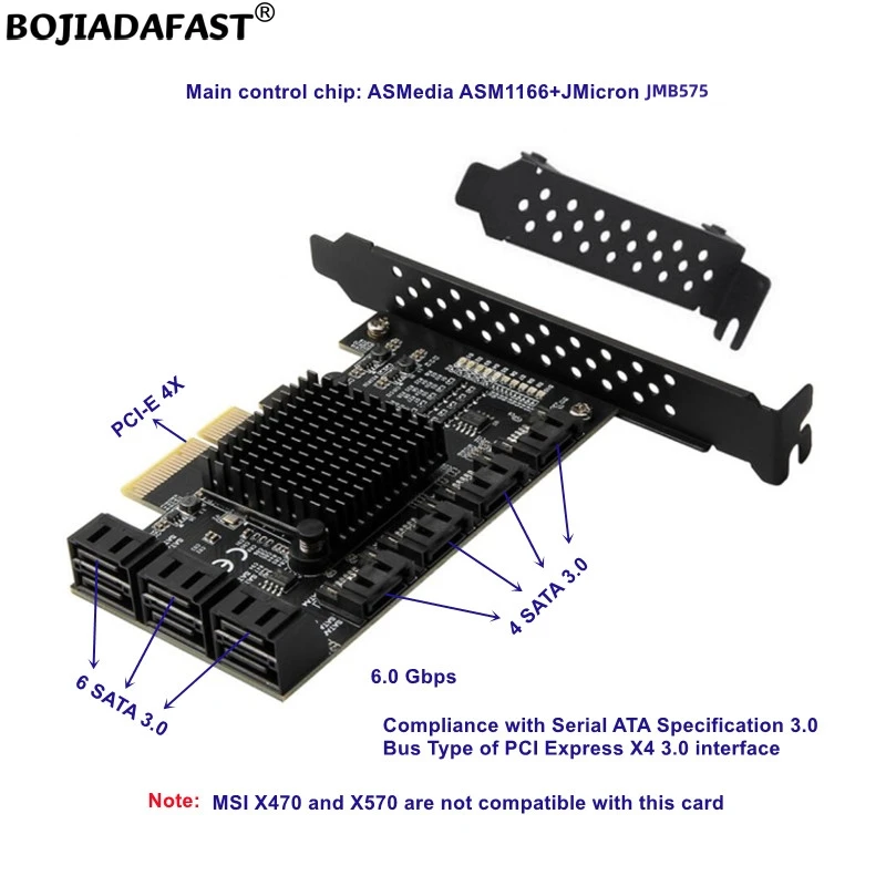 Фото Горячая новинка 2026: Адаптер-райзер для расширения PCIe x4 (PCI-E 3.0 4X) с 10 портами SATA 3.0 (ASM1166 + JMB575) для жестких дисков №1