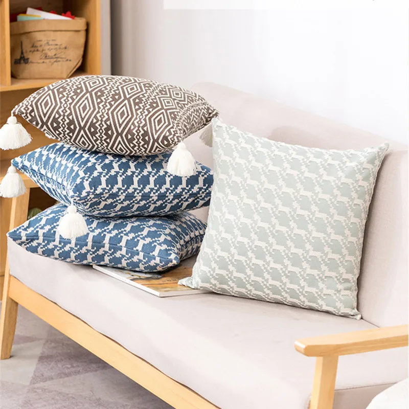 

Tassels Blue Jacquard Cushion Covers Geometric Home Decorative Pillow Cover 50x50cm Living Room Sofa Personalized Pillow Cases