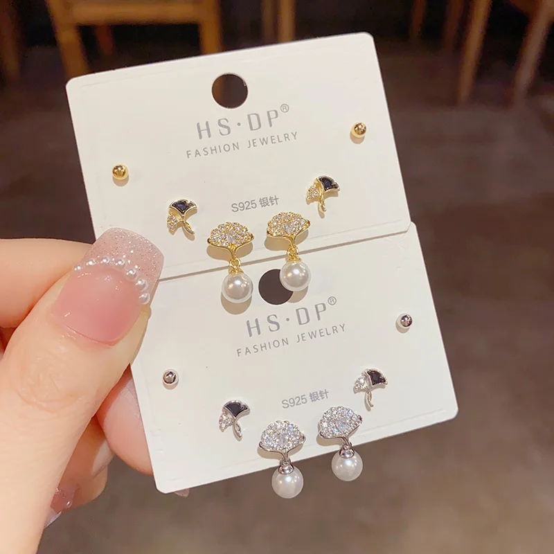 Модные Изысканные жемчужные серьги в виде листьев гинкго, набор из трех предметов, серебряная игла высокого качества