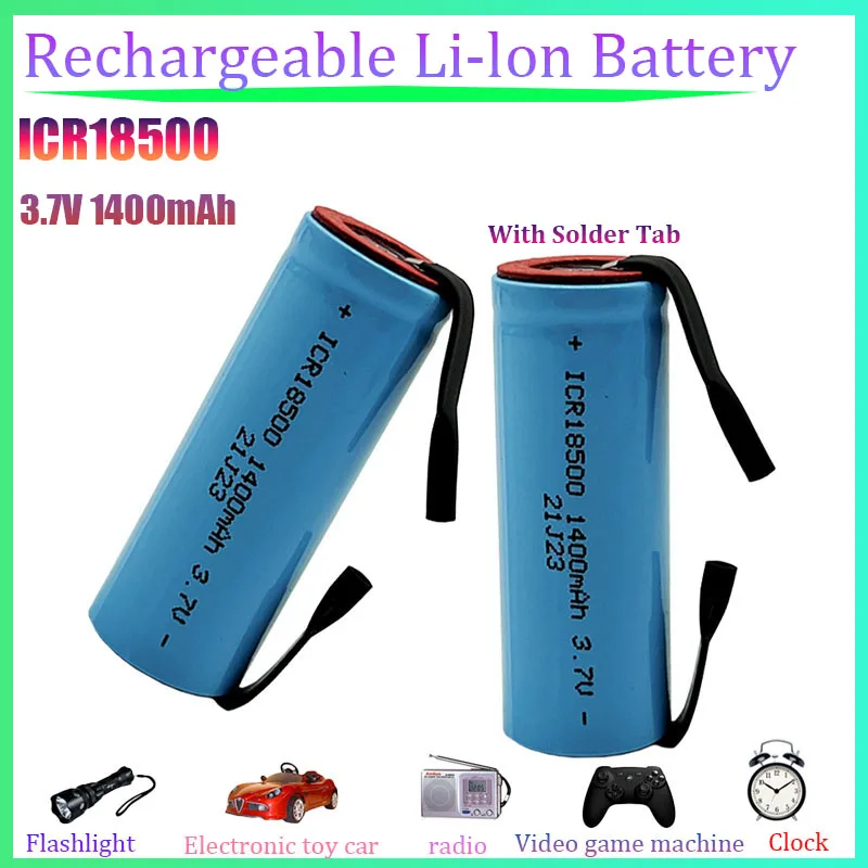 

ICR18500 3.7V 1400mAh Rechargeable Ion Battery with Solder Tab for LED Flashlight Headlight Compact Portable Backup Battery