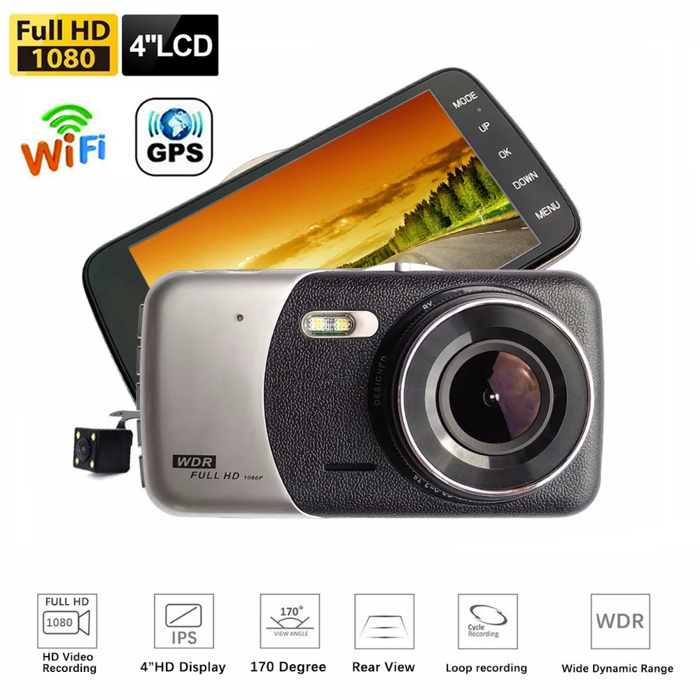 

Автомобильный видеорегистратор WiFi Full HD 1080P, видеорегистратор заднего вида, Автомобильный видеорегистратор, монитор парковки, ночное видение, G-датчик, GPS