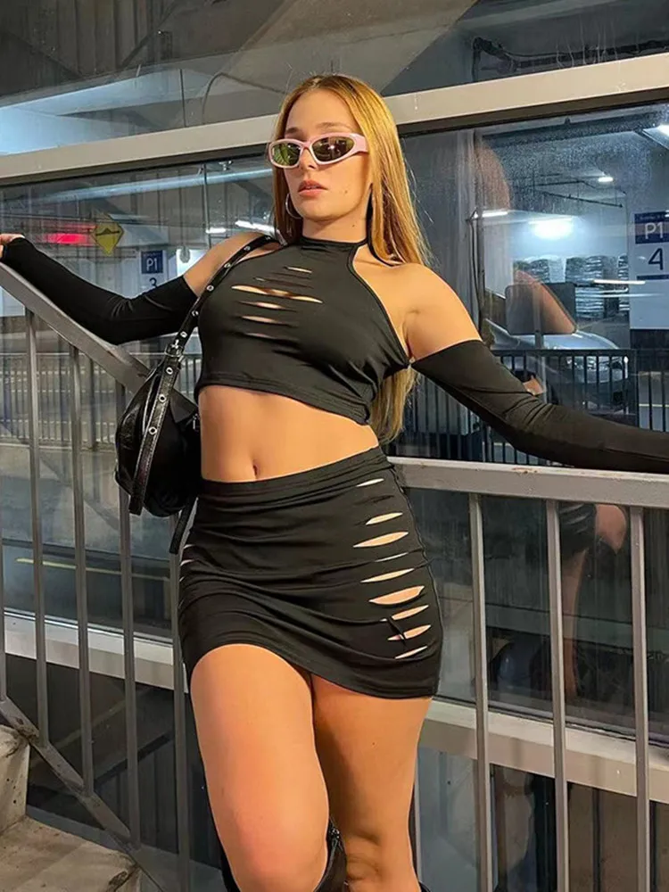 

Женский комплект из двух предметов Hirigin, черный ажурный комплект из жилета с лямкой на шее и короткой юбки с поясом на резинке и запахом на бедрах, уличная одежда