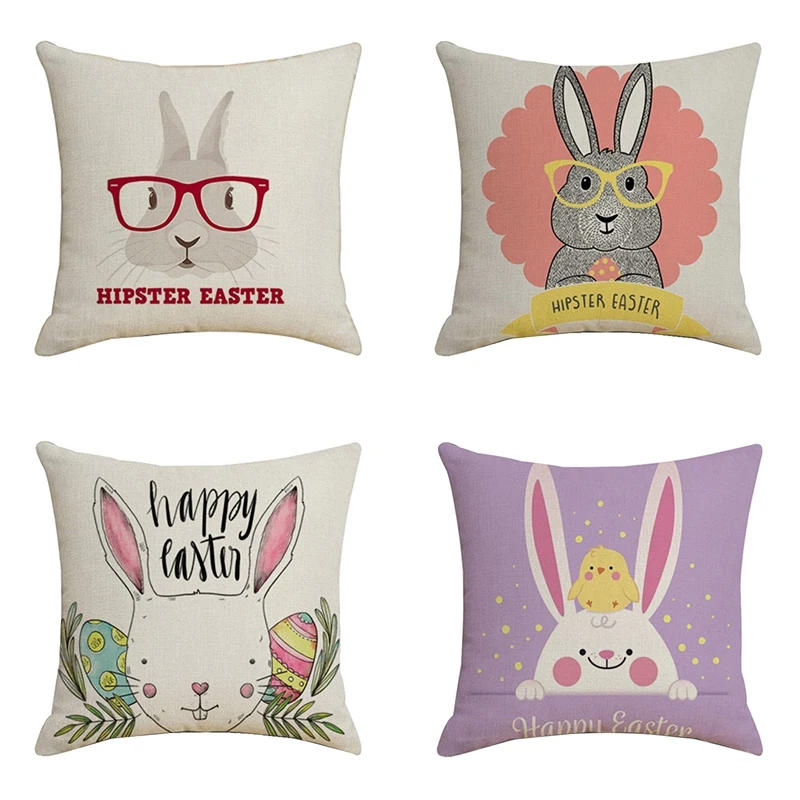

4Pcs Easter Pillow Case Rabbit Bunnies Pillowcover Spring Season's Linen Sofa Bed Throw Cushion Cover Decoration 45X45cm