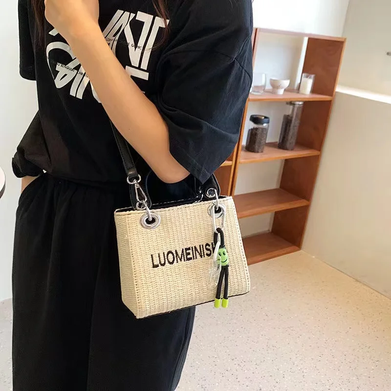 Letter Straw Woven Bag Luxury Crossbody Messenger Women's All-match Large-capacity Bucket Bag Holiday Beach Handbag and Purse