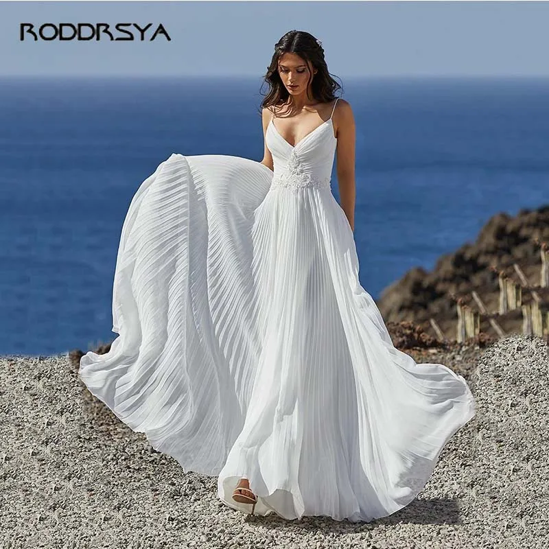 

Boho Wedding Dresses Spaghetti Straps Backless Chiffon Beach Bridal Gowns Bride Dress Plus Size Sweep Train Vestido De Novia