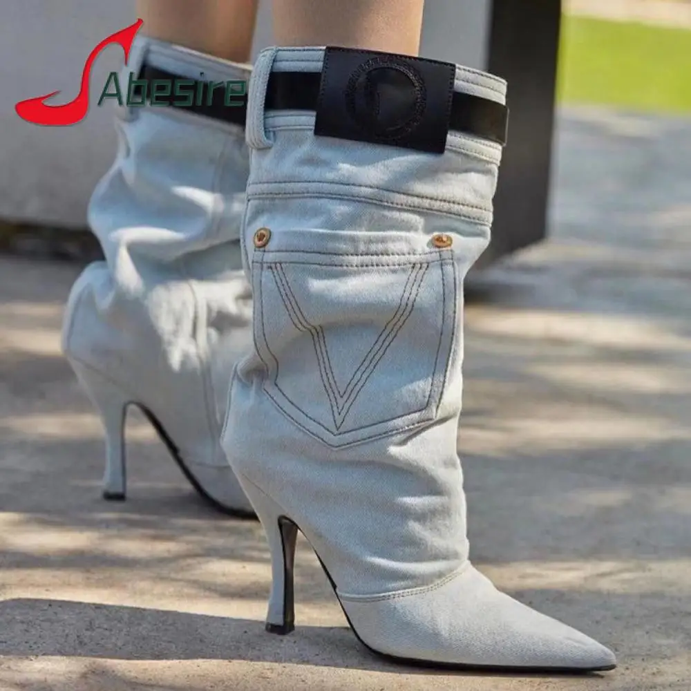 

Blue Denim Cowboy Boots White Pointed Toe Kitten Heel Slip-On Short Boots Fashion Retro Belt Buckle Sewing Outdoor Women's Shoes