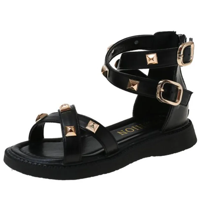 

Children's Sandals Student Soft Sole Rivet Hollow Out Fashion Casual Roman Sandals Girl's Flat Sandals Black White New Size26-36