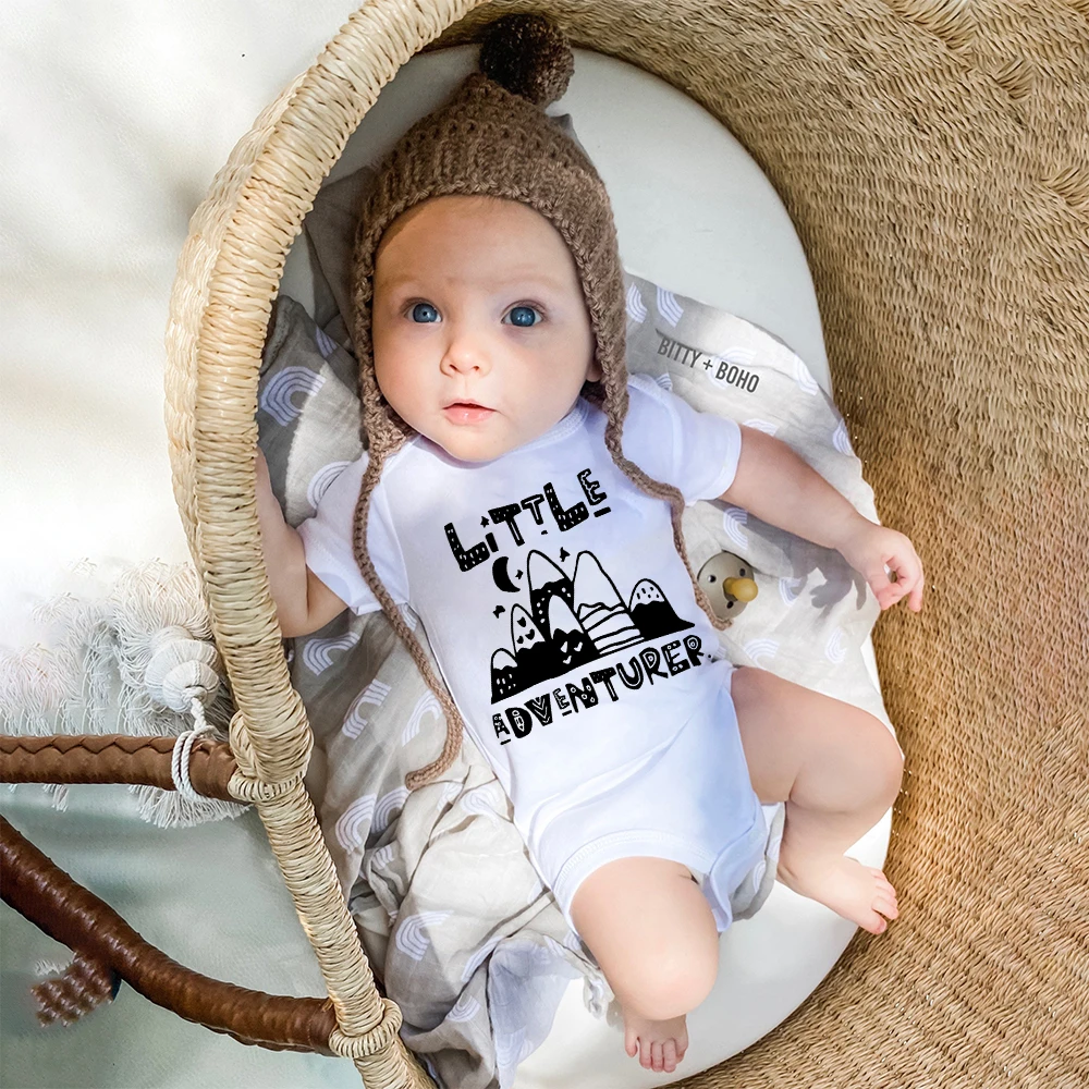 

Little Adventurer Baby Bodysuit Cute Mountains Romper Boys Girls Clothes Infant White Short Sleeve Jumpsuit Baby Palysuit