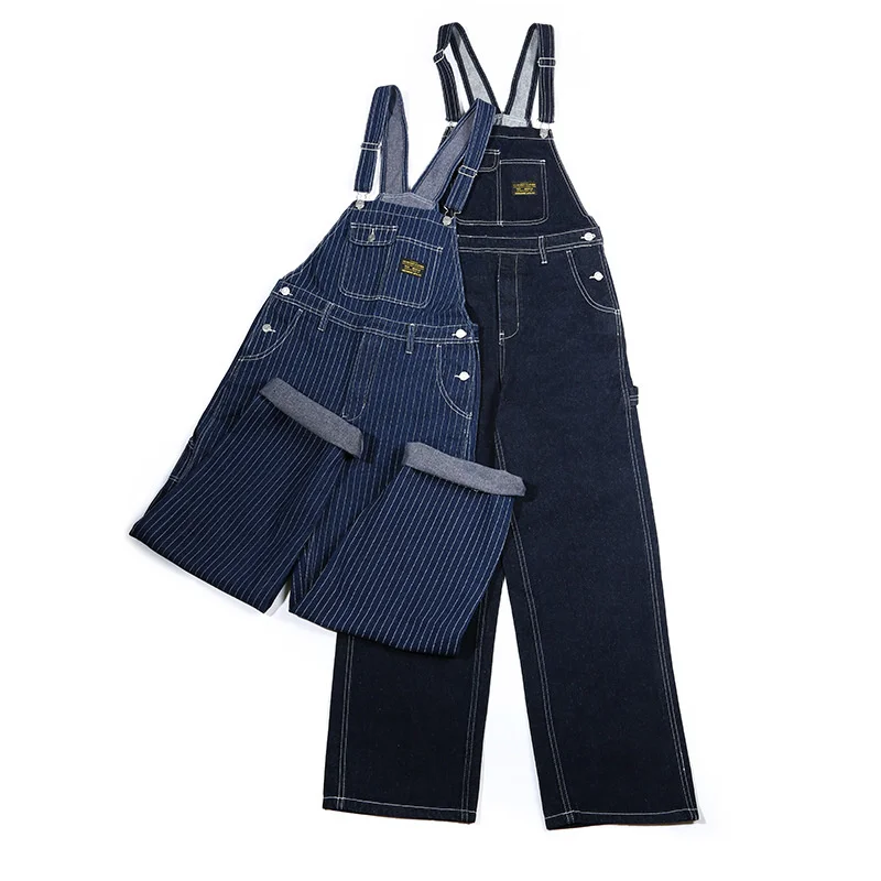 

AMEKAJI Tooling Denim Overalls Men's Retro Navy Blue White Striped Wide-leg Jumpsuit Outdoor Cargo Trousers Hiking Working Pants