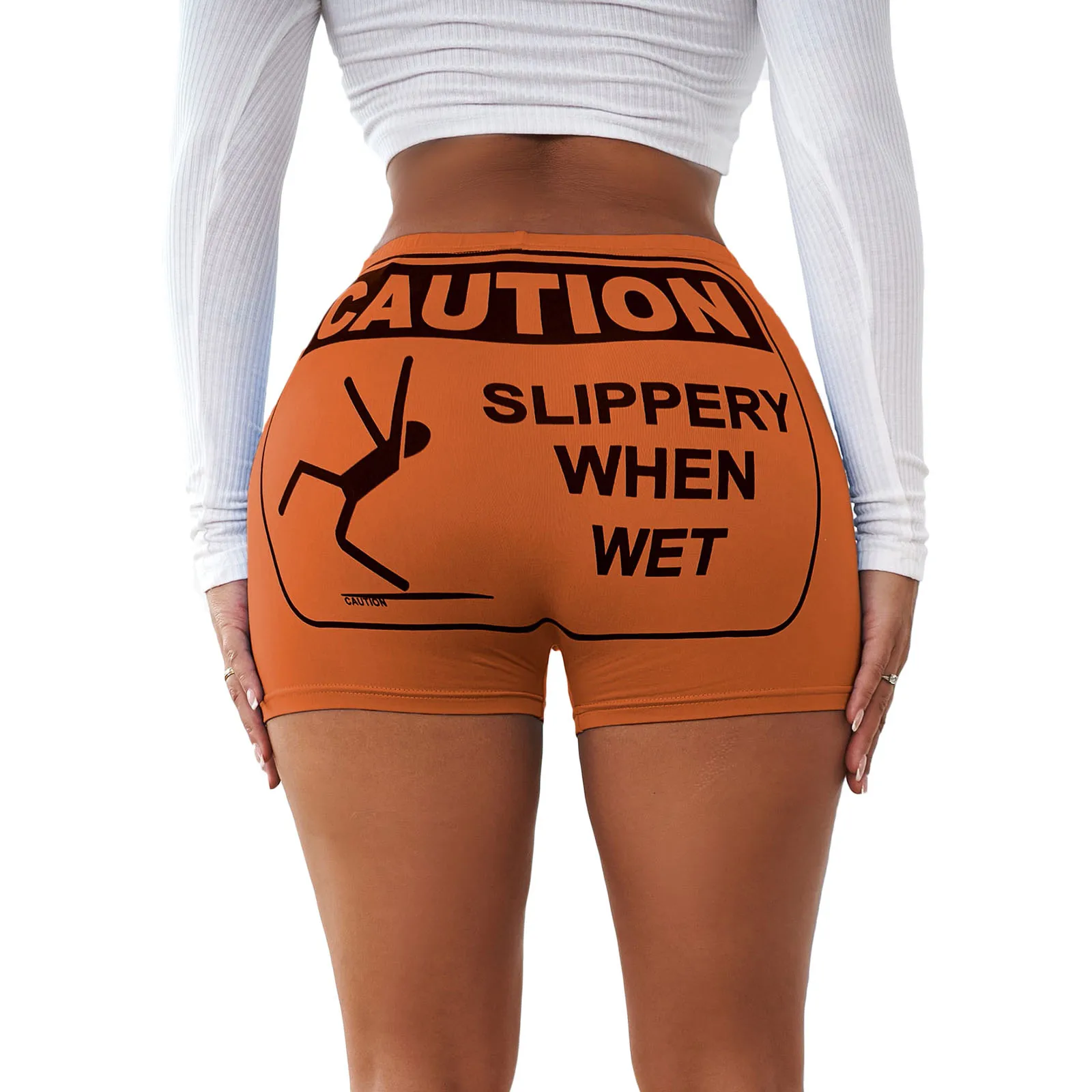 

Women Elastic Waist Shorts Careful Slogan Lettering Pattern Basic Work Out Fitting Hem Pants