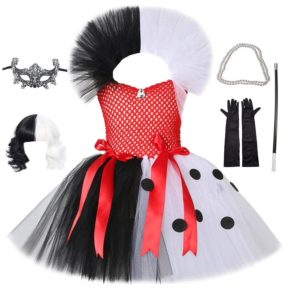 

Black White Cruella Costumes for Girls Dalmatians Tutu Dress for Kids Villian Cruella De Vil Halloween Outfit Children Clothes