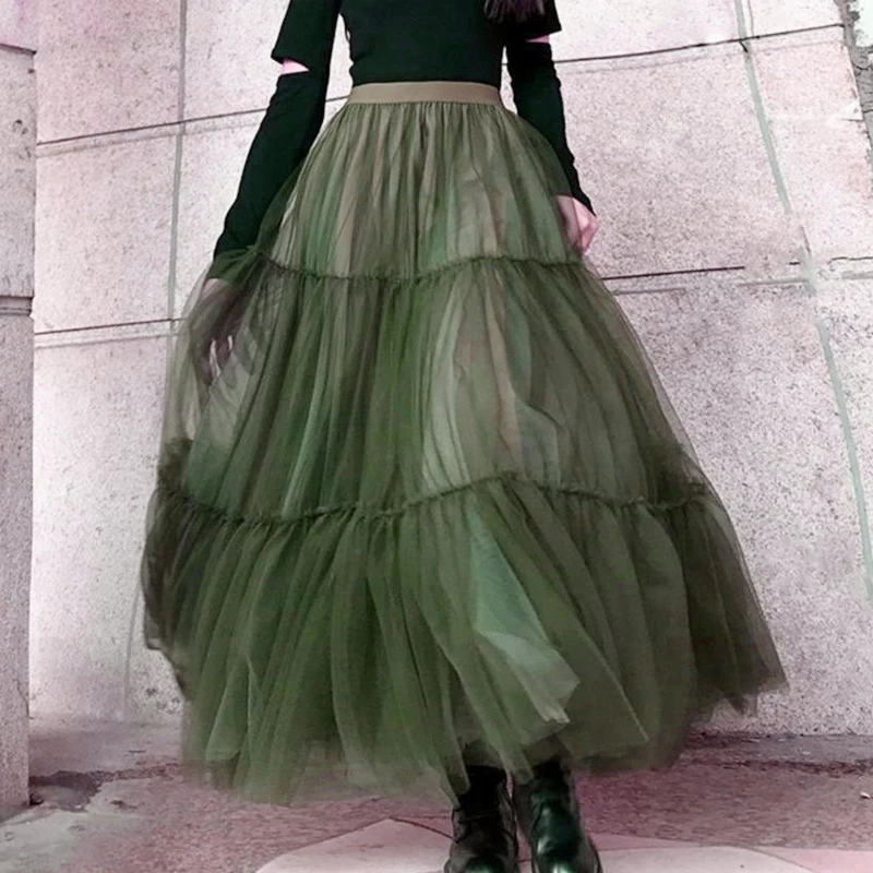 Autumn Fairy Puffy Maxi Long Gauze Skirt Cakee Patchwork A-line Layered Tulle Ankle Long Skirts Green Burgundy