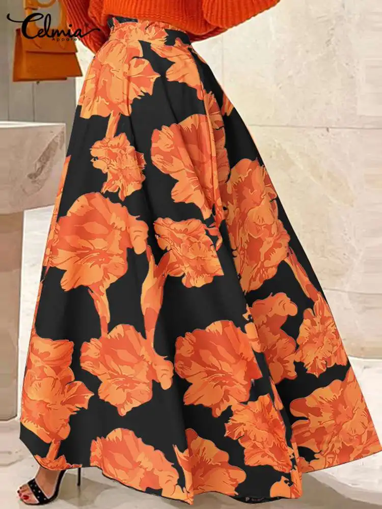 

Celmia Fashion Women Swing Skirt Bohemian Holiday Maxi Faldas High Waist Summer Jupes A Line Floral Print Elegant Long Skirts