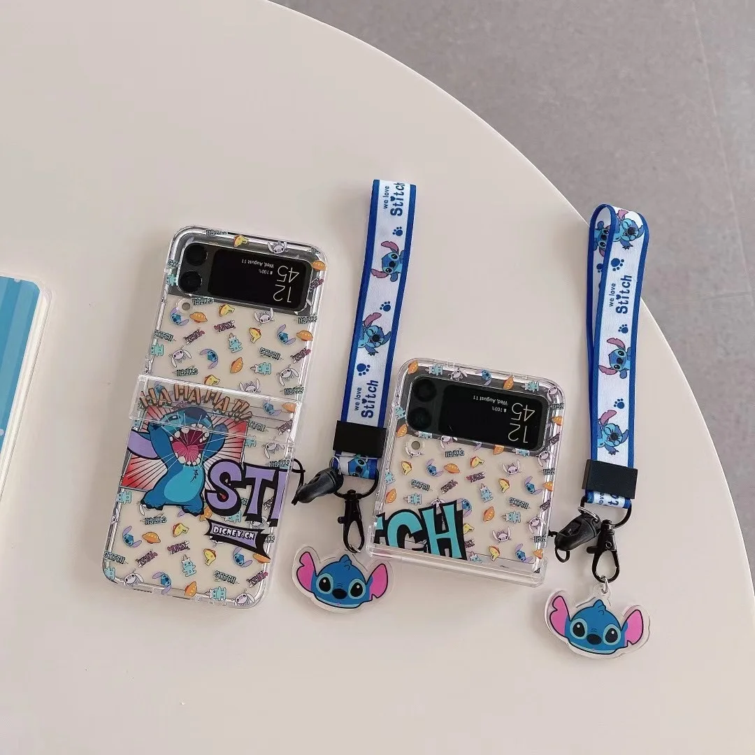 

Disney Fullscreen Printed Stitch doll with Bracelet Phone Case for Samsung Galaxy Z Flip 4 Flip3 PC Back Case Protective Shell