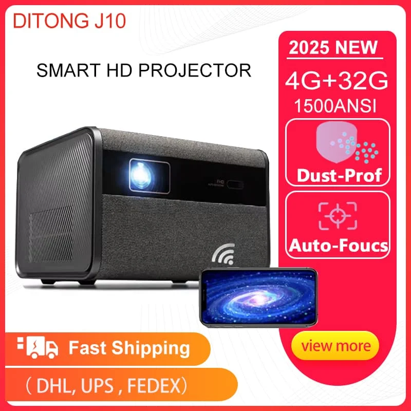 Фото DITONG 2025 НОВЫЙ проектор J10 Native 1080P с автофокусом 4k HD видео уличный мобильный телефон Android умный домашний кинотеатр светодиодный проектор №1