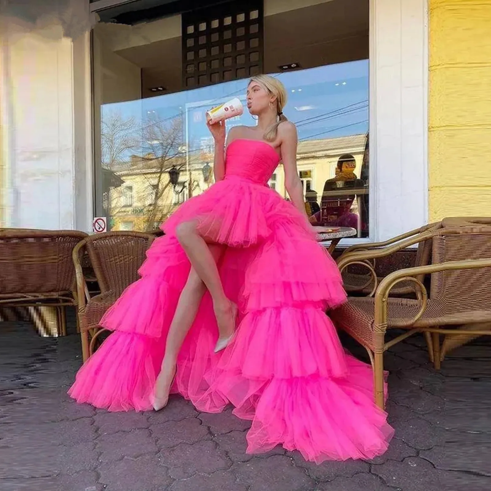

Hot Pink High Low Puffy A Line Prom Dresses Ruched Strapless Tiered Tulle Tutu Skirts Cocktail Party Dress Evening Gown