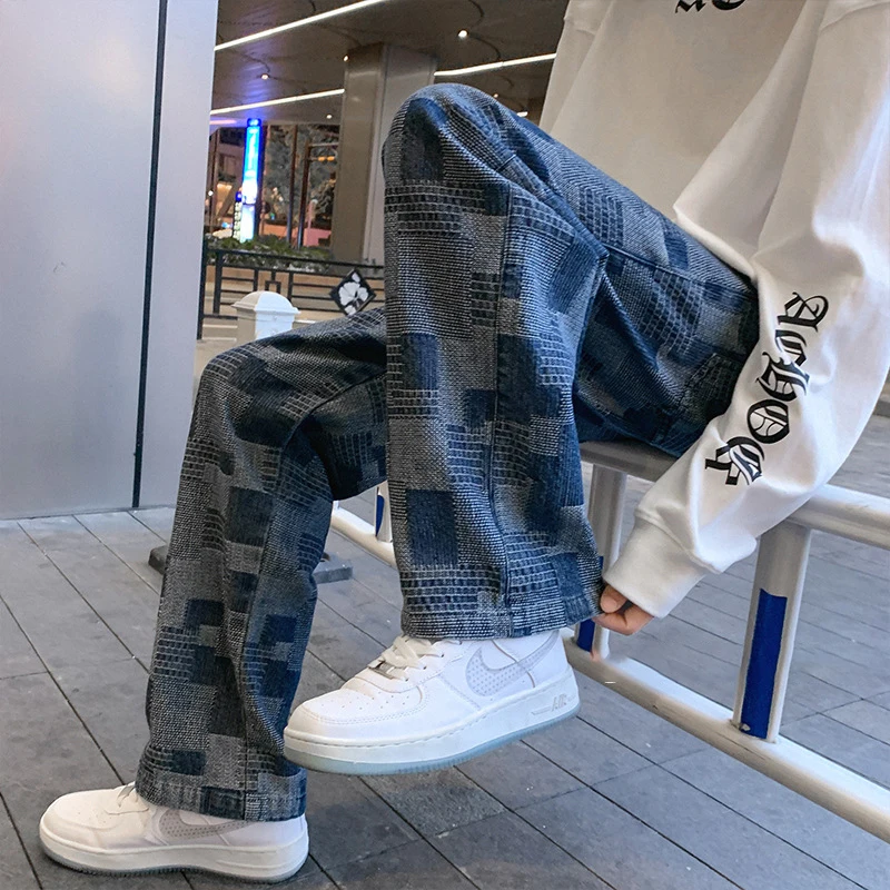 DEEPTOWN Patchwork Straight Jeans Men Streetwear Korean Fashion Denim Plaid Pants Hip Hop Trousers Male Loose Casual Spring 3XL
