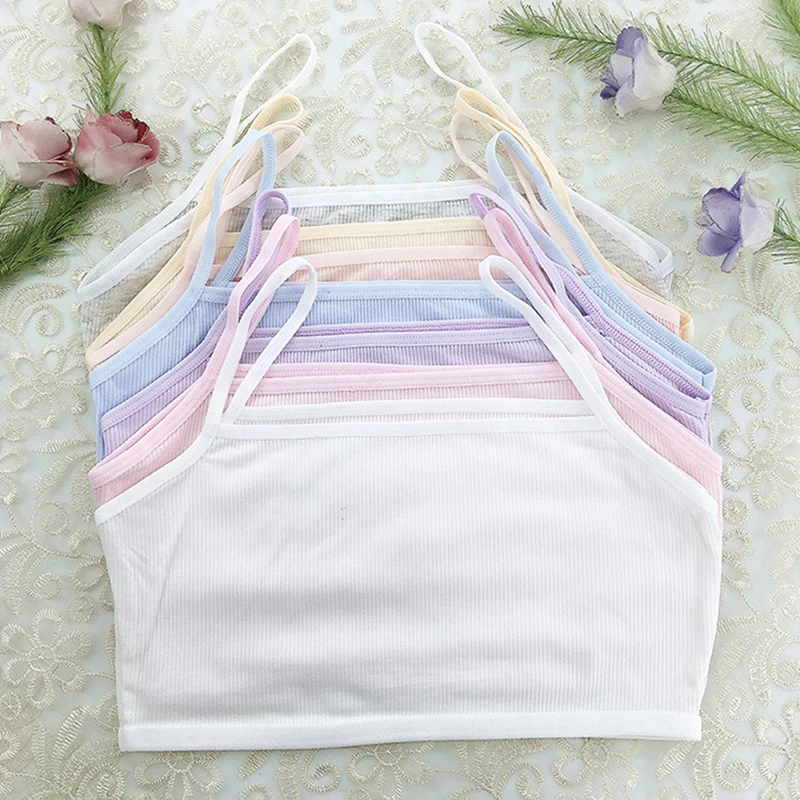 

School Student Girls Sport Training Bra Spaghetti Strap Bandeau Cami Crop Top Single Layer Ribbed Solid Color Underwear