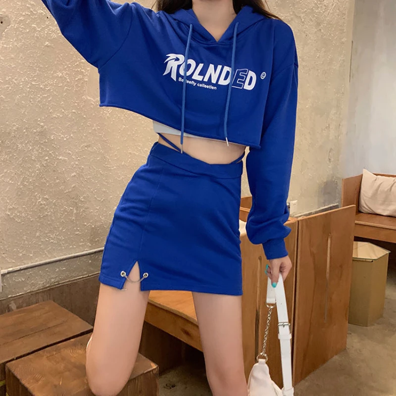 

Estceque New One Piece/suit Woman Skirts Short Cow Print Long-sleeved Anime Hoodie+Hippie Skirts Gothic Black Mini Skirt Set