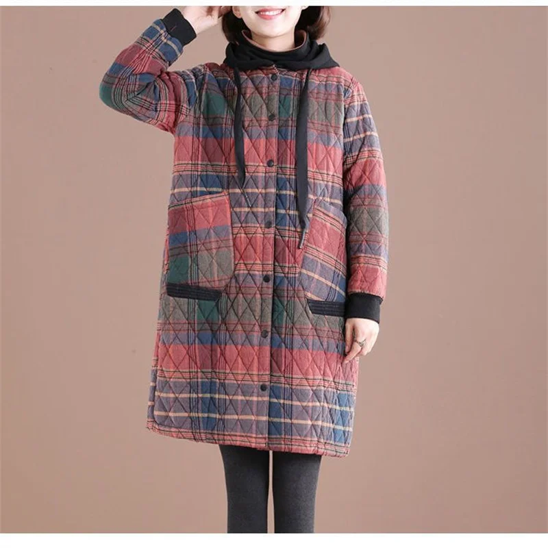 

2022 Winter New Korean Version of the Wild Loose Fat MM Was Thin Plaid Hooded Western-Style Casual Cotton Coat Women Mid-length