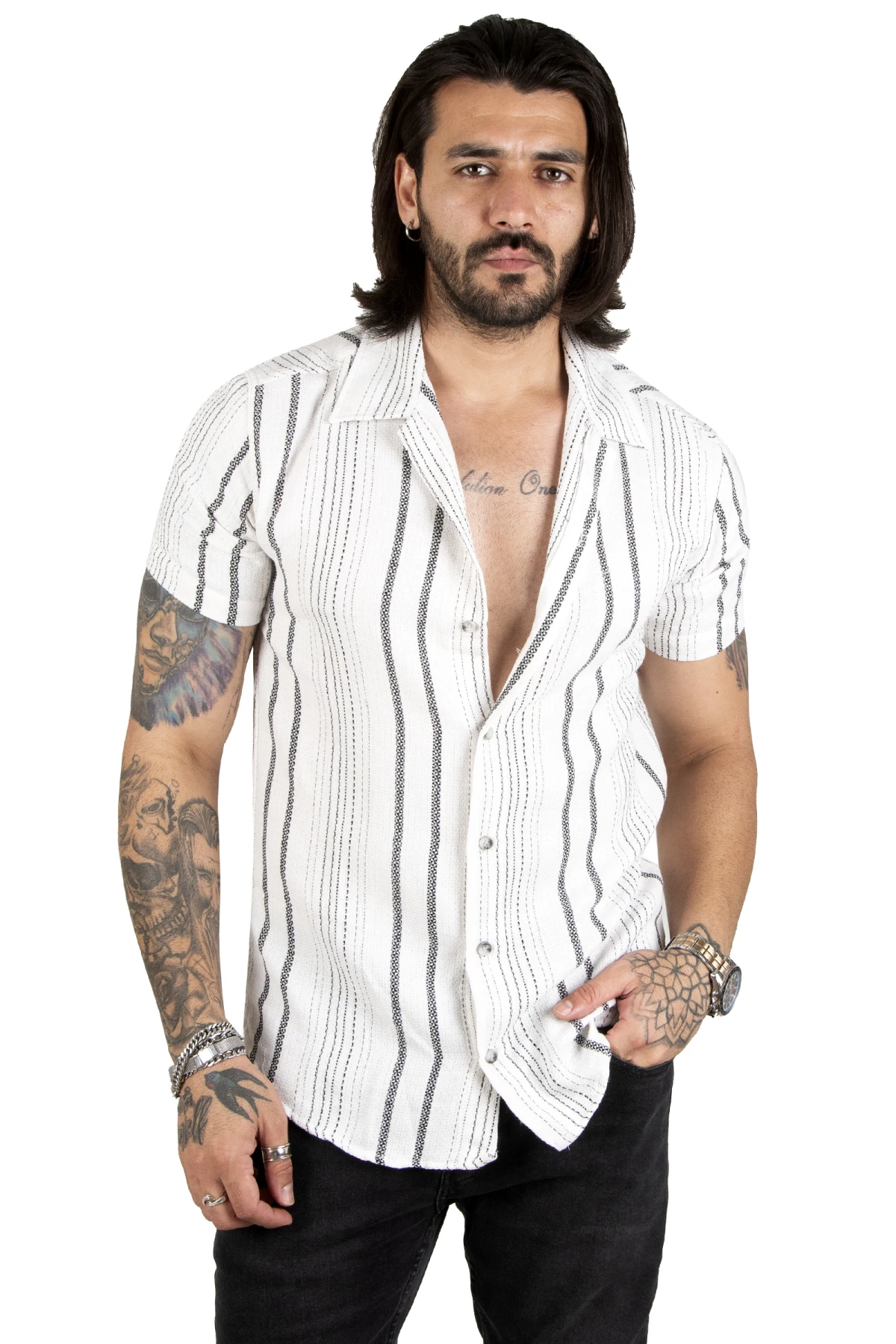 DeepSEA line patterned buttoned apac collar raw linen short sleeve men's shirt 2201913